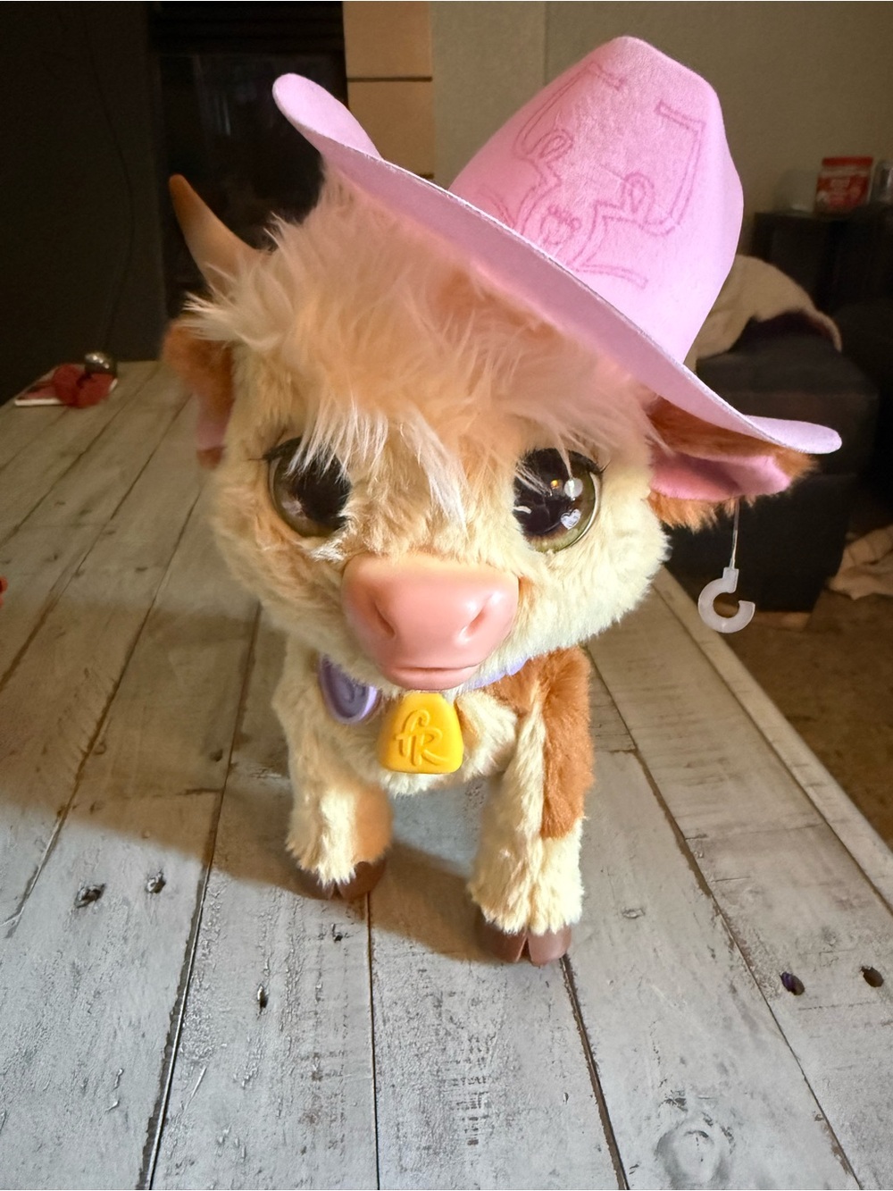 Fur real highlands cow. Pink Cowboy Hat. Walks, sighs & wants milk.